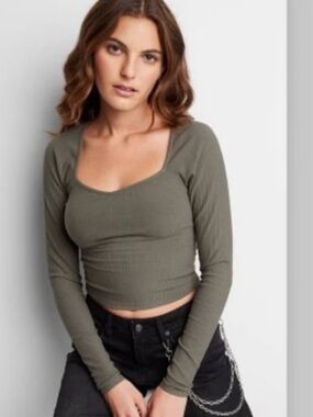 wild fable Sweetheart Neck Seamless Olive Ribbed Long Sleeve Crop Top